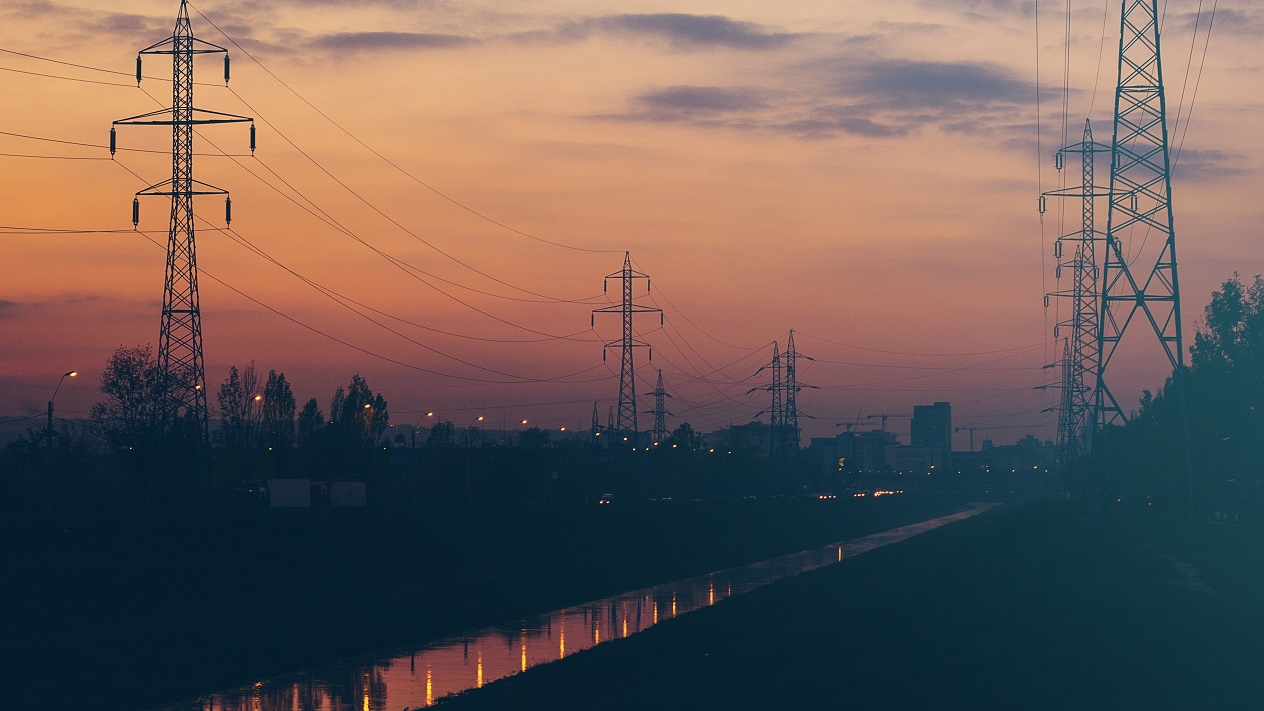 night skyline, sunset and power lines